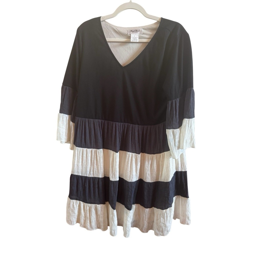 Angel Heart Ruffle Tiered Dress Sz Large Black Top Grey White Skirt Bell Sleeves